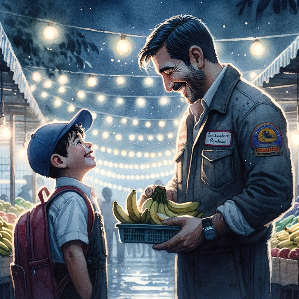 padre con platanos para su hijo